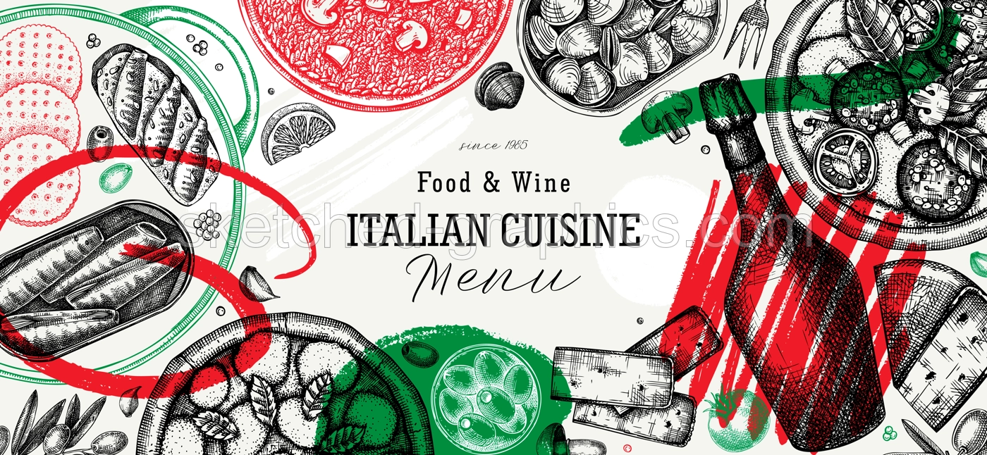 Italian food and drinks vector background. Hand drawn pizza, pasta, prosecco, risotto frame in collage style. Mediterranean cuisine ingredients illustrations. Modern restaurant menu design template.  Illustration